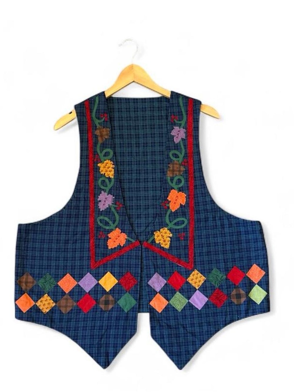 Vintage Homemade Fall Halloween Vest Plaid Pumpkin Cattail Apple Grannycore XXL